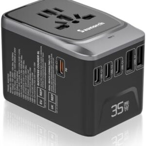 Universal Travel Adapter, PD 35W 7 in 1 International Power Plug Adapter with 7.0A 4 USB-C and 2 USB-A Fast Wall Charger, Worldwide AC Outlet for US Europe UK AUS (Black+Silver)