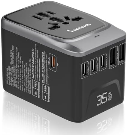 Universal Travel Adapter, PD 35W 7 in 1 International Power Plug Adapter with 7.0A 4 USB-C and 2 USB-A Fast Wall Charger, Worldwide AC Outlet for US Europe UK AUS (Black+Silver)