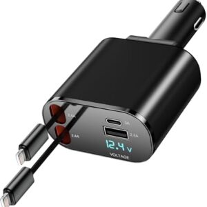 Retractable Car Charger, 4 in 1 Fast Charging Car Charger 60W, 2 Retractable iPhone Charger Cables and USB Car Charger Compatible with iPhone 15/14/13/12/11 Pro Max