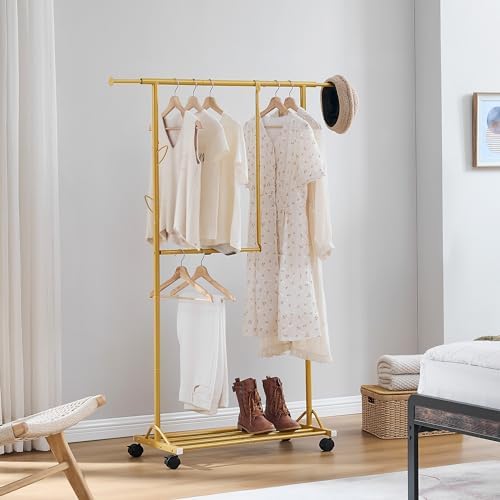 Garment Rack Heavy Duty,Removable Middle Double Rods with Wheels Rolling Adjustable Dismantle,Clothes Organizer Rack Hanging Clothing,Extra Space Gold Multi-functional Bedroom Chrome - Image 4