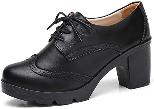 DADAWEN Women's Leather Classic Lace Up Platform Chunky Mid-Heel Square Toe Oxfords Dress Pump Shoes