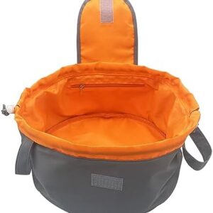 Large Barrel Drawstring Makeup Bag Travel Cosmetic Bag for Women - Portable Make Up Organizer Bag for Skin Care & Toiletries with Brush Holder & Pouch (Grey Orange)