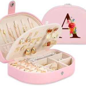 Graduation Gifts for Her, Travel Jewelry Case, Personalized College Gifts, Pink Initial Travel Jewelry Box Birthday Gifts Travel Essentials Travel Accessories-A