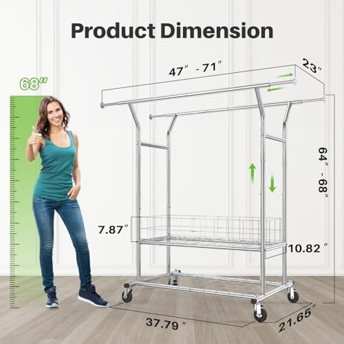 HOKEEPER Heavy Duty Clothes Rack, 625 lbs Clothing Racks with Wheels, Rolling Garment Rack for Hanging Clothes, Commercial Adjustable Double Rod Clothes Rack with Metal Basket - Image 8