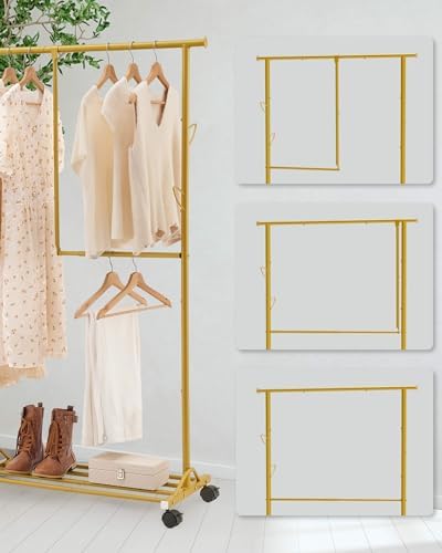 Garment Rack Heavy Duty,Removable Middle Double Rods with Wheels Rolling Adjustable Dismantle,Clothes Organizer Rack Hanging Clothing,Extra Space Gold Multi-functional Bedroom Chrome - Image 2