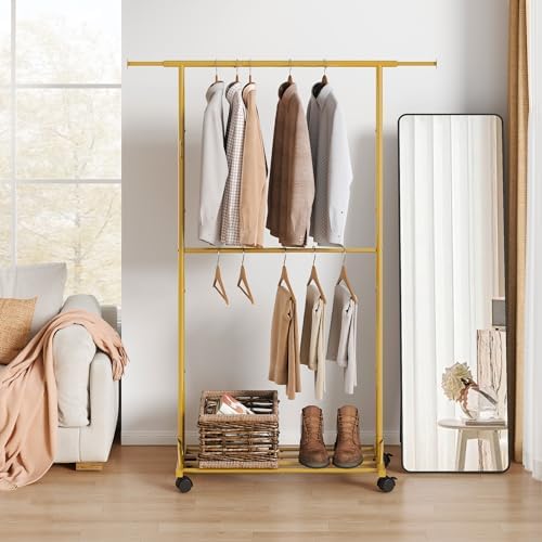 Garment Rack Heavy Duty,Removable Middle Double Rods with Wheels Rolling Adjustable Dismantle,Clothes Organizer Rack Hanging Clothing,Extra Space Gold Multi-functional Bedroom Chrome - Image 3