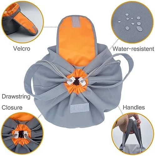 Large Barrel Drawstring Makeup Bag Travel Cosmetic Bag for Women - Portable Make Up Organizer Bag for Skin Care & Toiletries with Brush Holder & Pouch (Grey Orange) - Image 4