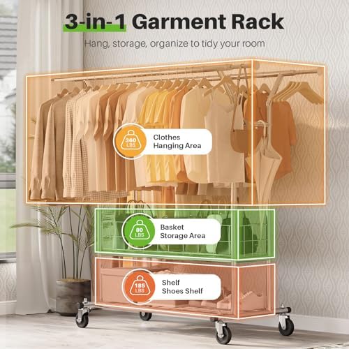 HOKEEPER Heavy Duty Clothes Rack, 625 lbs Clothing Racks with Wheels, Rolling Garment Rack for Hanging Clothes, Commercial Adjustable Double Rod Clothes Rack with Metal Basket - Image 2