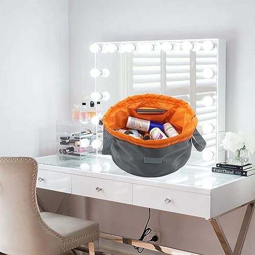 Large Barrel Drawstring Makeup Bag Travel Cosmetic Bag for Women - Portable Make Up Organizer Bag for Skin Care & Toiletries with Brush Holder & Pouch (Grey Orange) - Image 6