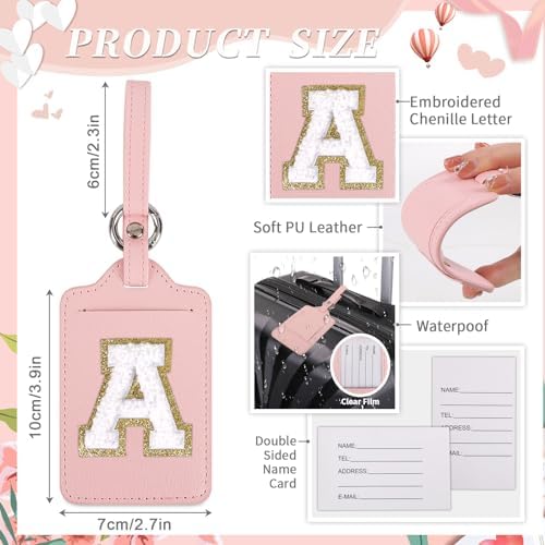 Initial Letter Luggage Tag A for Suitcases TSA Approved, PU Leather Personalized A-Z Luggage Tags with Privacy Cover Name Card, Pink Cute Monogrammed Funny Luggage Tag for Women Kids(1 PACK Letter A) - Image 2