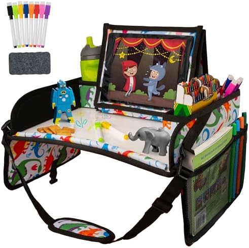 Lusso Gear Kids Travel Tray for Toddler & Kids Car Seat, Lap Tray for Airplane, Kids Travel Desk Essential Accessories, Table Tray for Road Trip Activities (Dinos)
